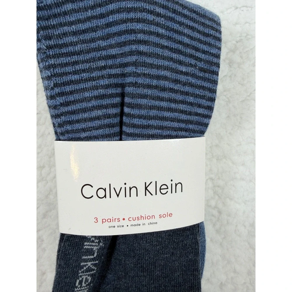 Calvin Klein Men's Crew Socks 3 Pack Blue Stripe Cushion Sole Cotton US 7-12 NEW